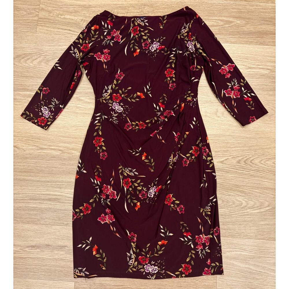 Chaps burgundy floral 3/4 sleeve dress with ruching womens size Large